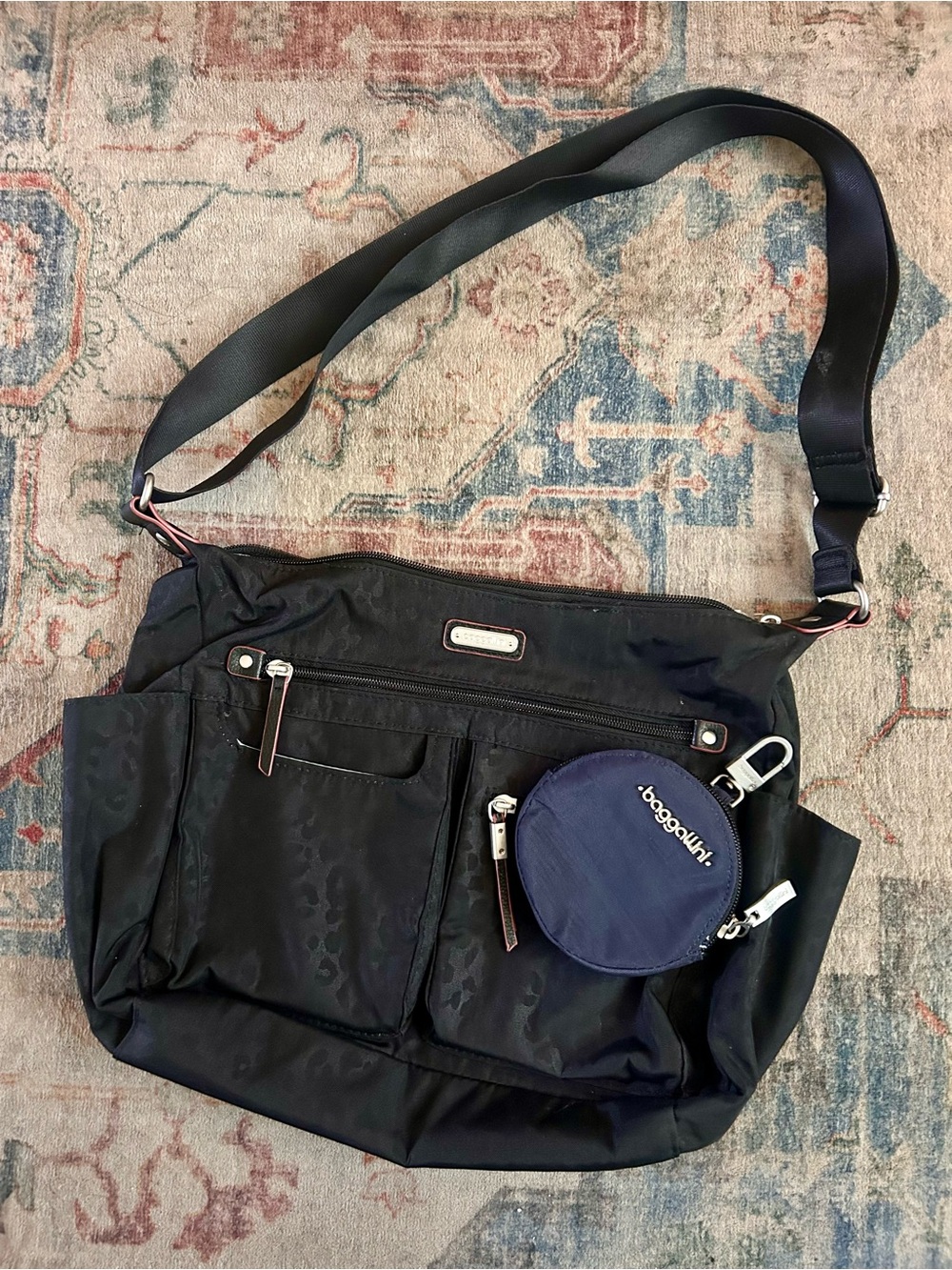 Baggallini Black Crossbody Bag FREE Navy Coin Purse Charm Leopard Print Travel